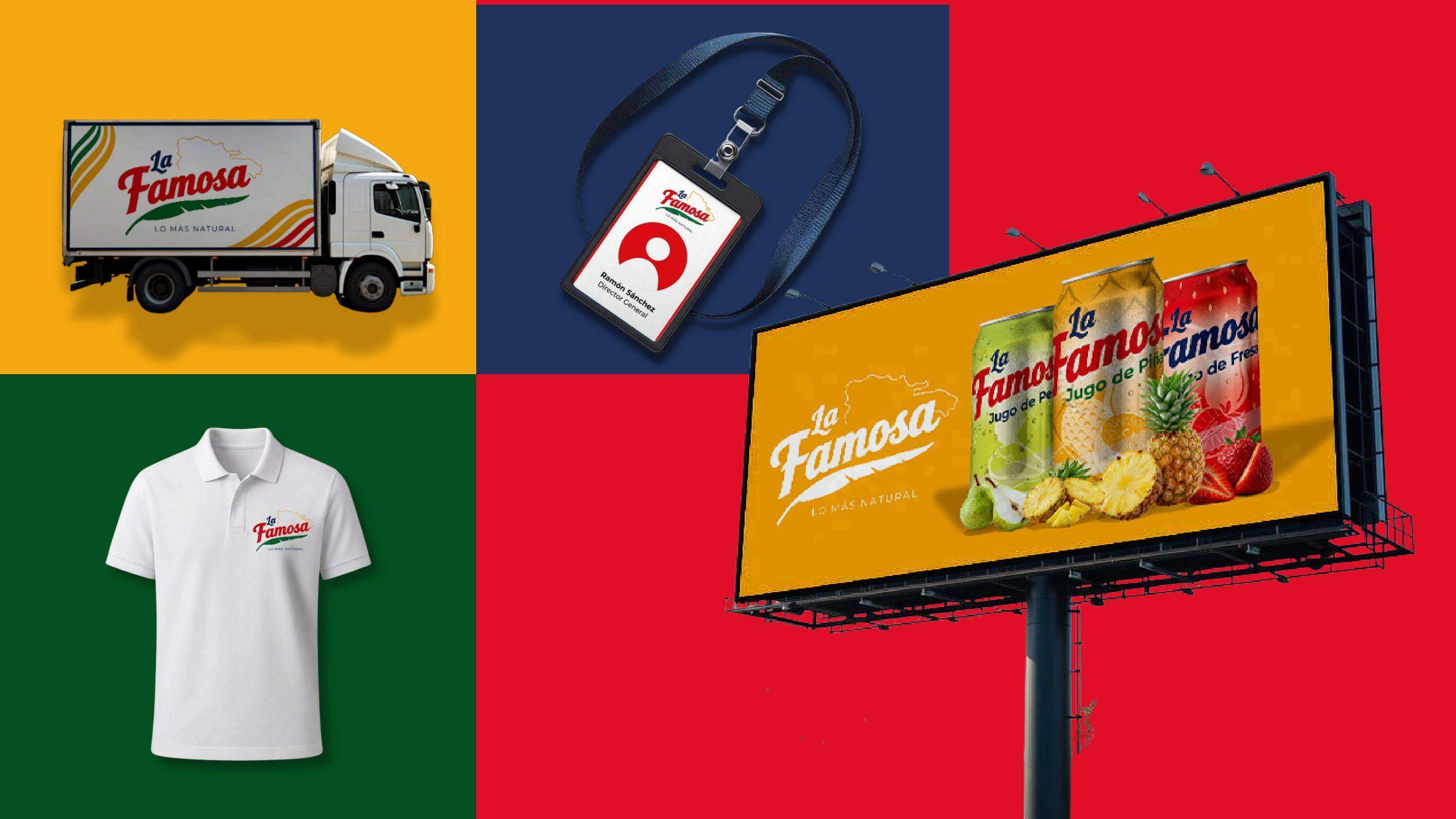 Mockups de camión de reparto, carnet corporativo, polo y valla publicitaria de La Famosa
