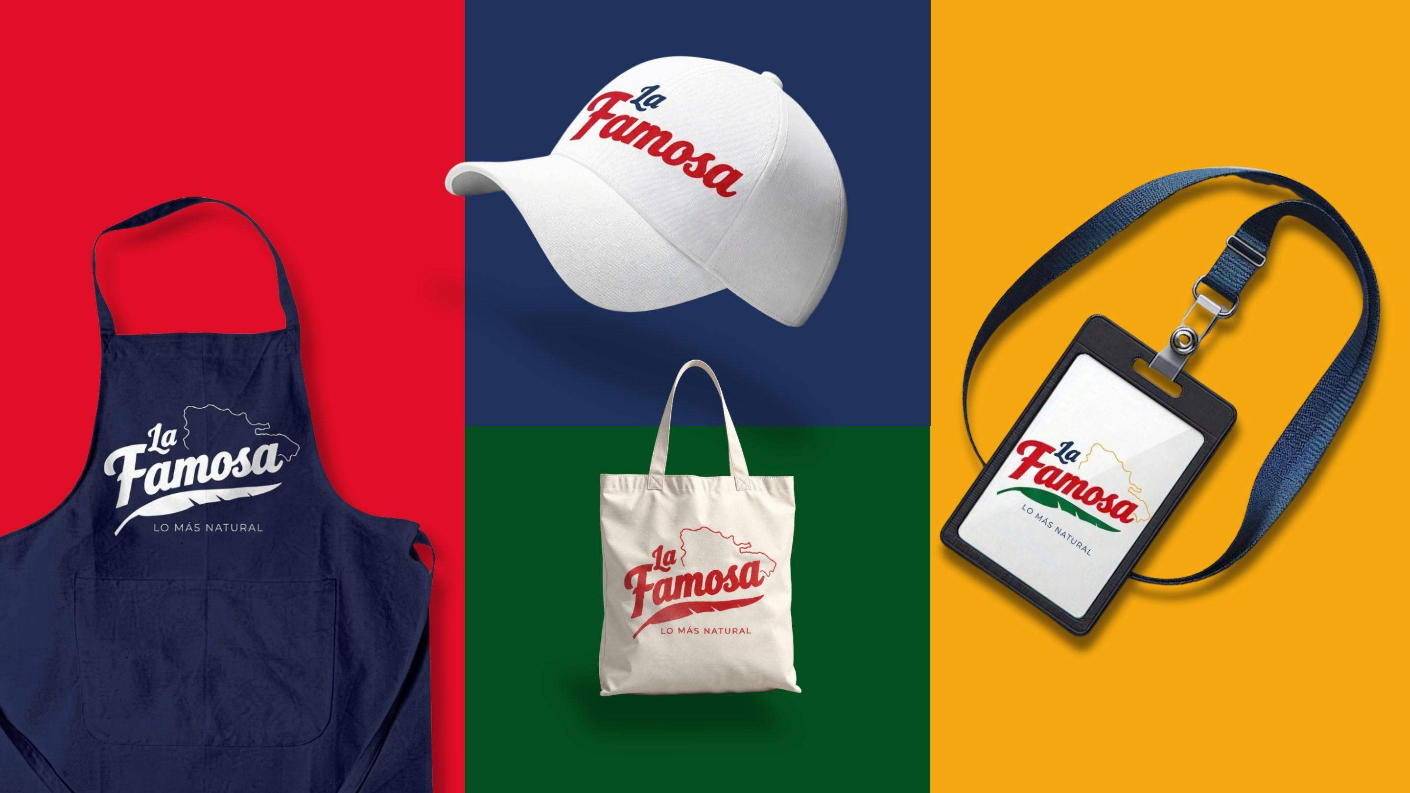 Mockups de merchandising: delantal, gorra, tote bag y carnet con el logo de La Famosa