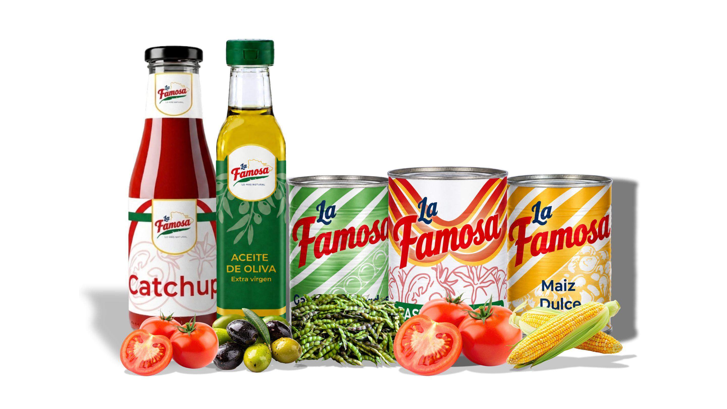 Línea completa de productos La Famosa: catchup, aceite de oliva y enlatados