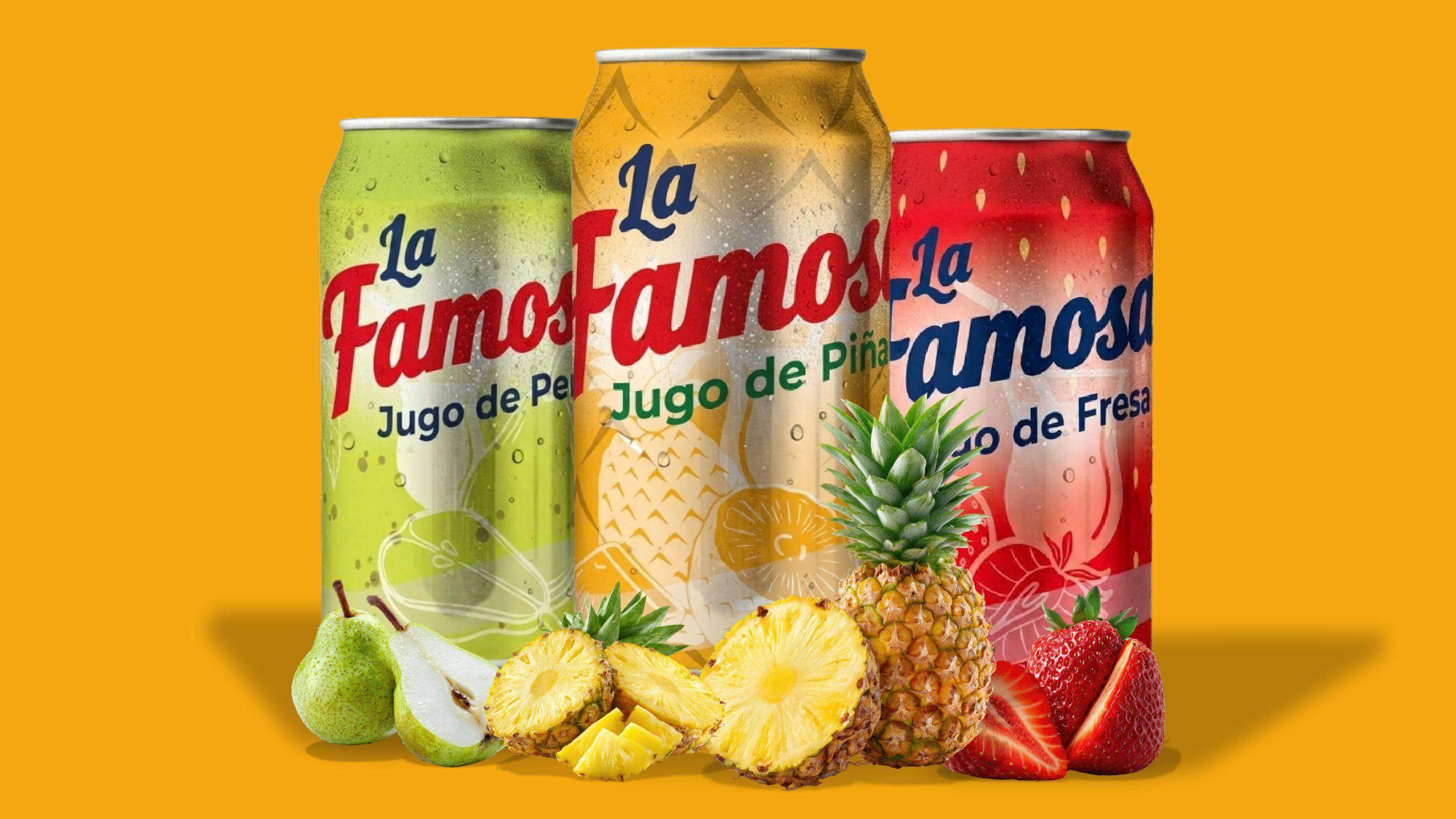 Jugos en lata La Famosa: pera, piña y fresa