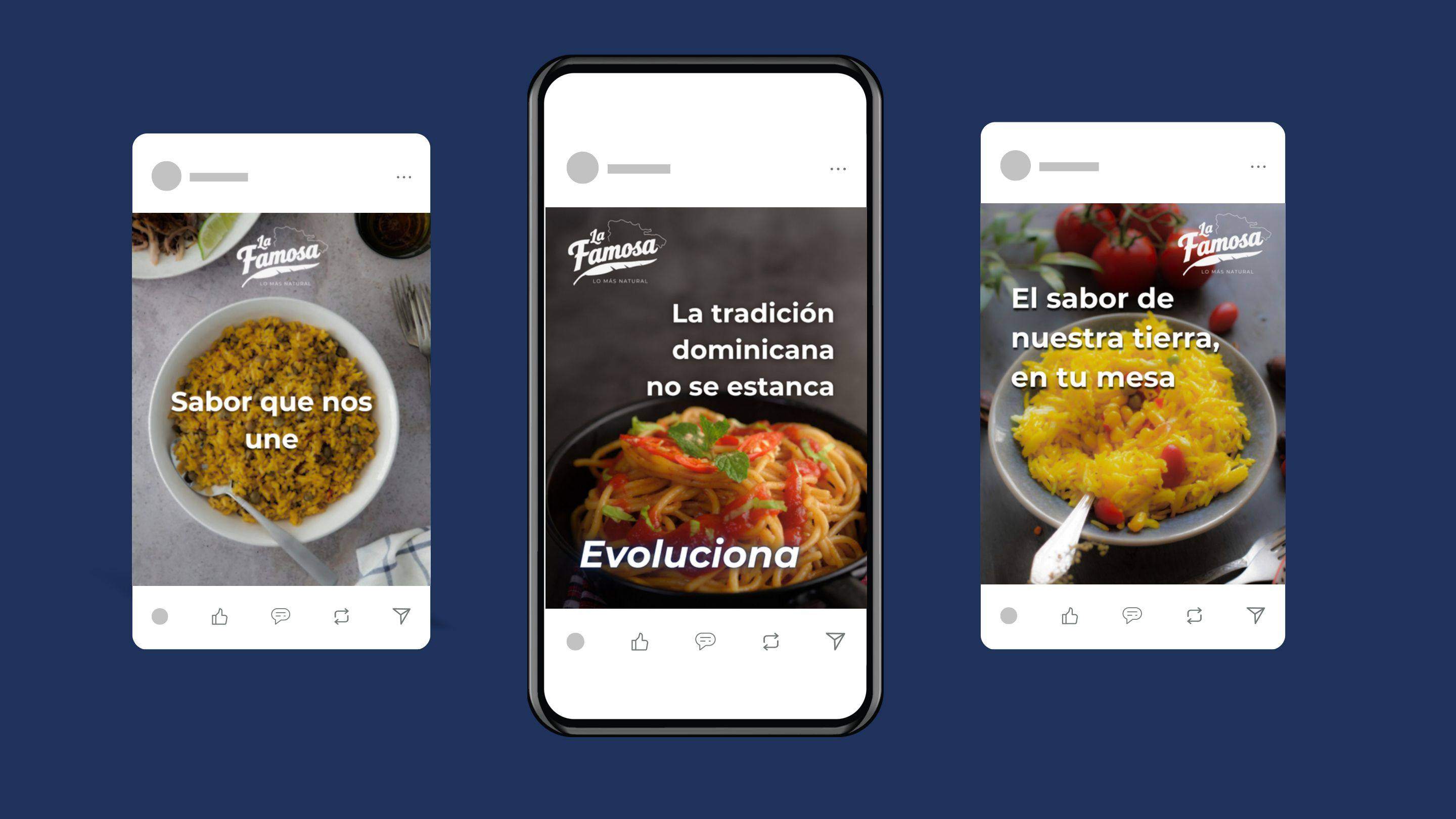Mockups de publicaciones de redes sociales de La Famosa